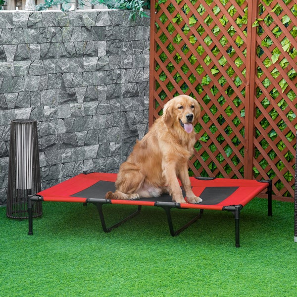 PawHut Hundebett, 122L x 92B x 23H cm, Metall, Oxford, Texteline-Stoff, Rot+Schwarz