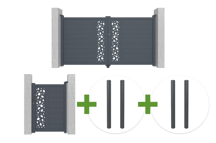 Set aus zweiflügeligem Einfahrtstor, Pforte und Pfosten aus Aluminium mit dekorativen Ausschnitten und Querlamellen.