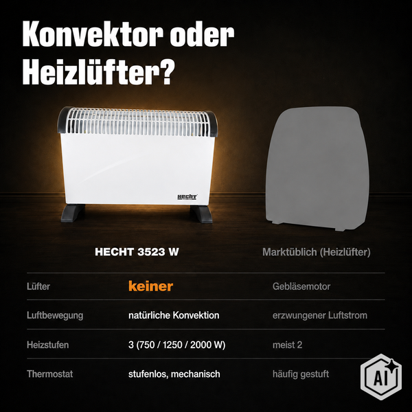 Vergleichsgrafik zwischen dem Hecht 3523 W Konvektor und einem handelsüblichen Heizlüfter mit technischen Spezifikationen und Funktionsweisen.
