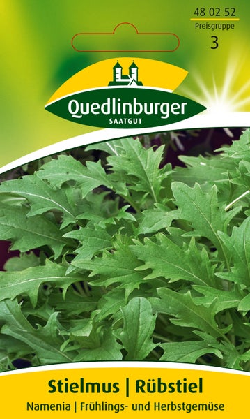 Samentüte für Stielmus und Rübstiel Namenia von Quedlinburger Saatgut, ein Frühlings- und Herbstgemüse mit gezackten Blättern.
