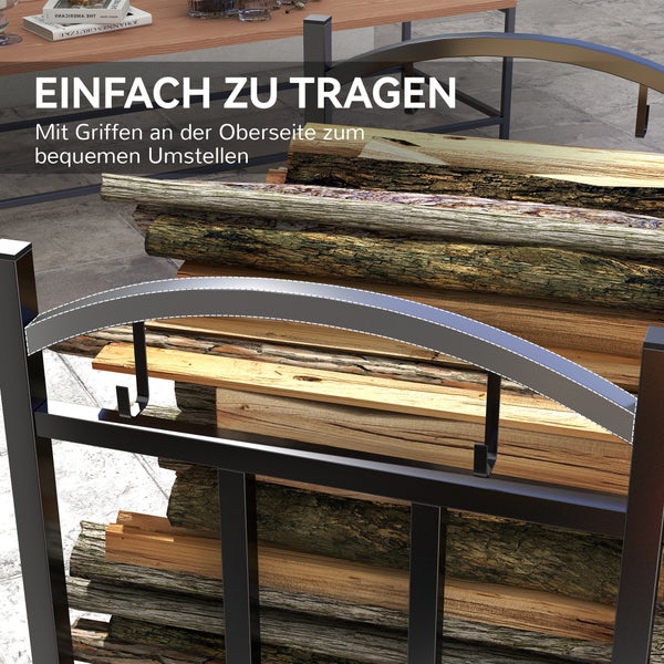 Holzregal aus Metall mit Holzscheiten