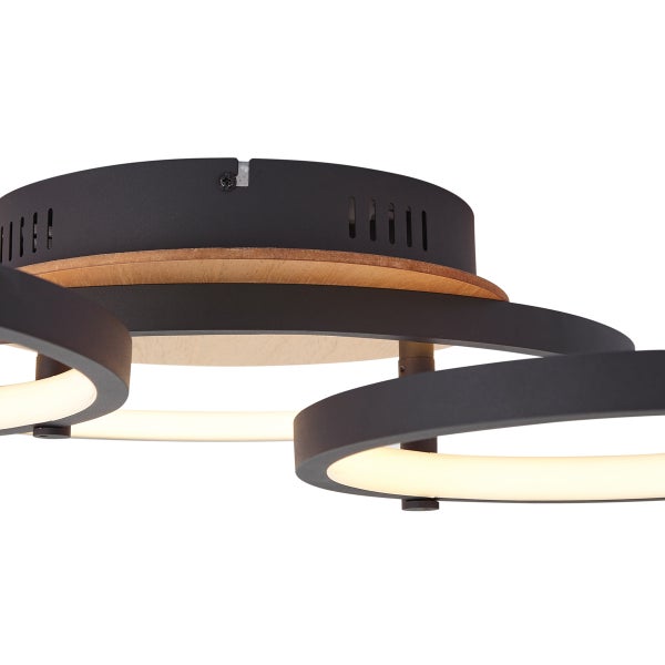 Moderne LED Deckenleuchte mit runden Leuchtelementen in Kombination aus Metall und Holzoptik