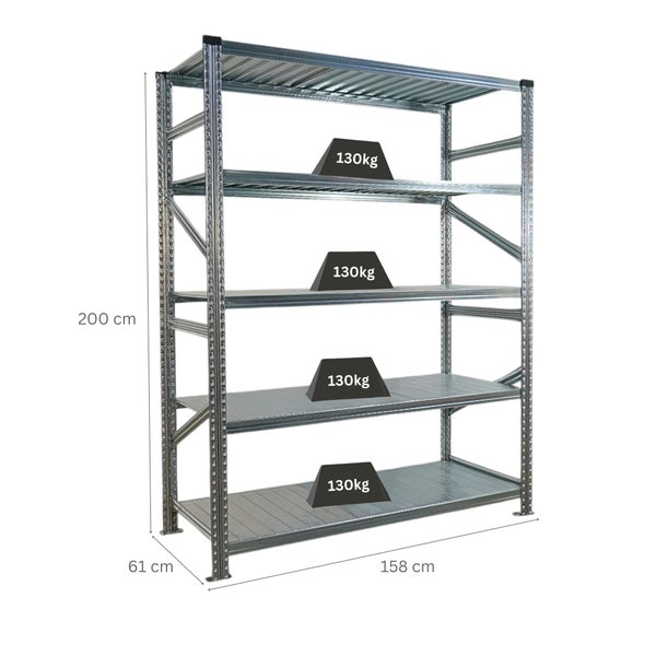 Metallregal mit fünf Böden und Maßangaben für Höhe, Breite und Tiefe. Maximale Belastbarkeit pro Boden: 130 Kilogramm.