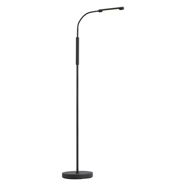 LED-Stehleuchte in Schwarz mit flexiblem Lesearm und rundem Standfuß.