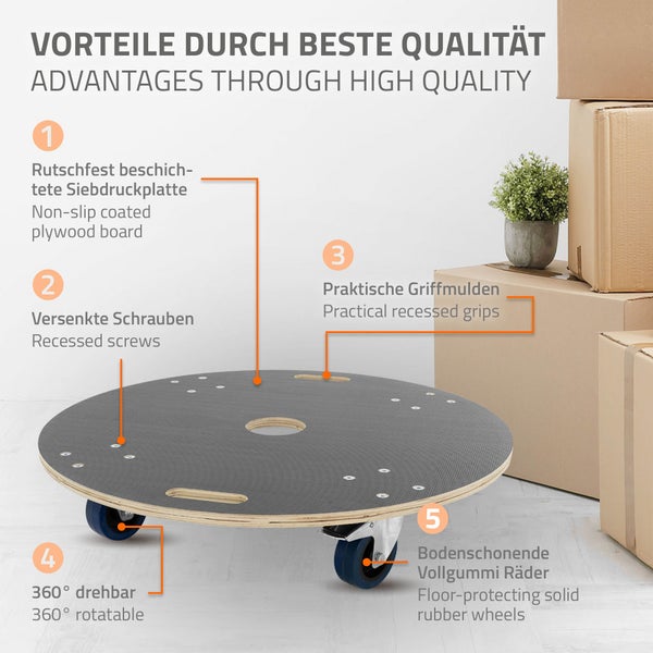 ECD Germany Transportroller rund Ø77x14,5 cm mit Siebdruckplatte und 2 gebremsten Rollen, 800kg Tragkraft, Rollbrett Möbelroller, Transporthilfe für Umzug Möbel-Transport, Rollwagen Roller Transporter