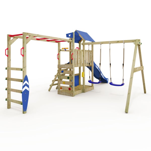 WICKEY Spielturm Klettergerüst Smart Baboon mit Schaukel und Rutsche, Kletterturm mit Sandkasten, Hangelleiter und Spiel-Zubehör - blau