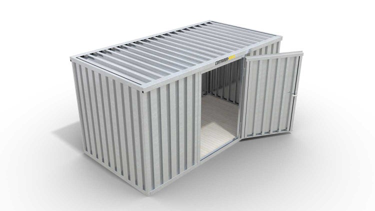 Lagercontainer Gerätehaus XXL  – 12 qm, H2150 x B6080 x T2170 mm, verzinkt, mit Holzfußboden, 1270 mm Einflügeltür mittig in Breitseite, zerlegt