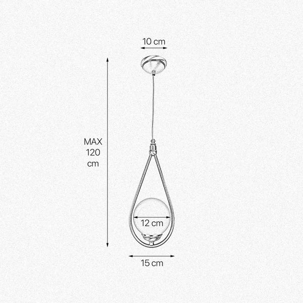 Zeichnung einer Pendelleuchte mit den Maßen 10 cm Sockelbreite, maximal 120 cm Länge, 12 cm Kugeldurchmesser und 15 cm untere Breite.