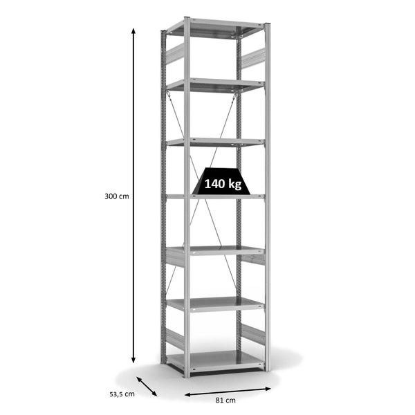 PROREGAL Fachbodenregal Stecksystem T-Profil Light-Duty Grundregal HxBxT 300 x 75 x 50 cm 7 Ebenen Fachlast 140 kg Einseitig Nutzbar Verzinkt