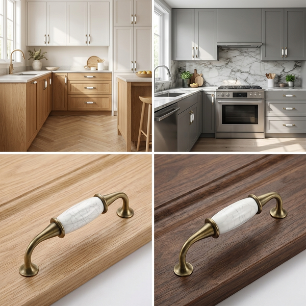 Collage mit Küchen in hellem und dunklem Holz sowie Nahaufnahmen von Schrankgriffen mit Keramikdetail