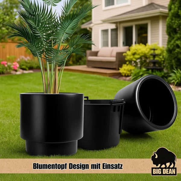 Schwarzer Design Blumentopf mit Einsatz und Big Dean Logo im Garten