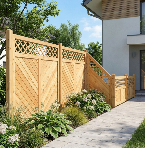 Holzzaun mit Rautenmuster in einem Garten