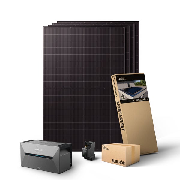 Balkonkraftwerk Komplettset für Flachdach mit vier Solarmodulen, Anker SOLIX Speicher, Zubehör und Montageset.