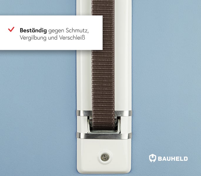 Detailansicht eines Rollos mit dem Hinweis: Beständig gegen Schmutz, Vergilbung und Verschleiß.