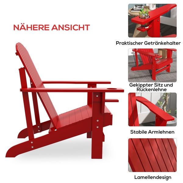 Outsunny Adirondack-Gartenstuhl mit Becherhalter Gartenliege Balkonstuhl Massivholz Rot 72 x 94 x 93 cm