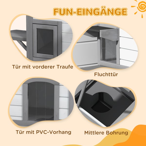 Details eines Spielhauses mit Tür mit Vordach, Fluchttür, Tür mit PVC-Vorhang und mittlerer Bohrung