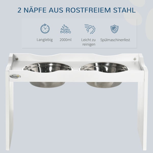 PawHut Erhöhter Hundenapf, Futternapf mit erhöhtem Rand, 2 x 2L abnehmbare Hundenapf aus Edelstahl, Fressnapf für sehr grpße Hunde, Futterstation, Weiß