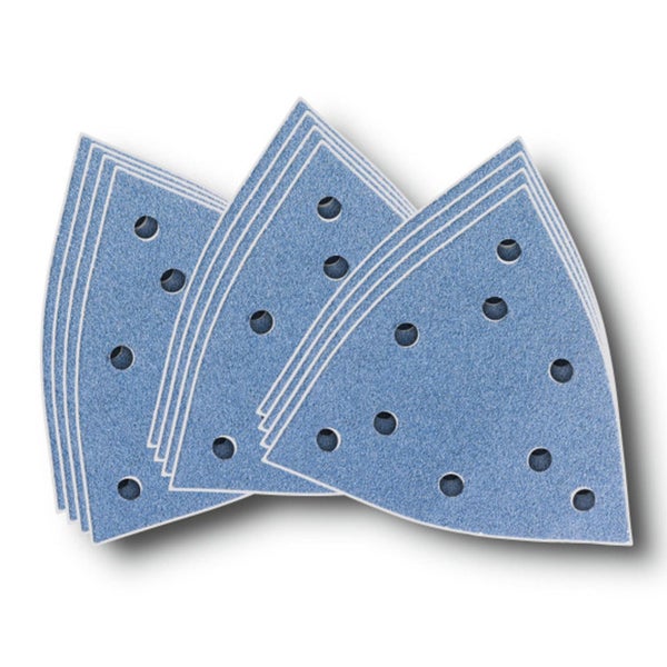 Mehrere Schleifblätter in Dreiecksform mit Löchern für Dreieckschleifer