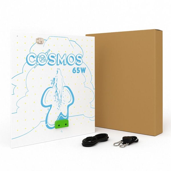 COSMOS 65 Watt LED-Pflanzenlampe mit Netzkabel, Aufhängeset und Kartonverpackung.