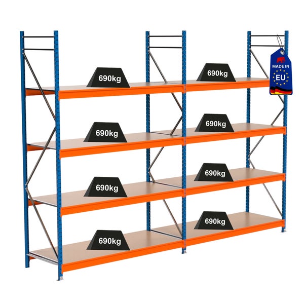 Lagerregal mit Fachböden und Gewichtsangabe von 690 Kilogramm sowie Herkunftsnachweis Europäische Union