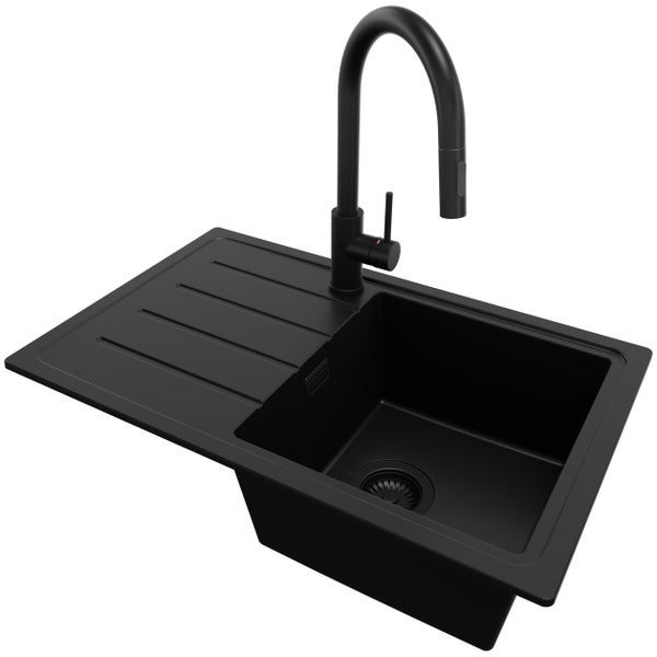 PRIMAGRAN Granitspüle Alles Schwarz 70x44cm, Spülbecken 1 Becken + Küchenarmatur 40x20cm + Ablauf-Set, Küchenspüle ab 45er Unterschrank - Kopenhagen Easy