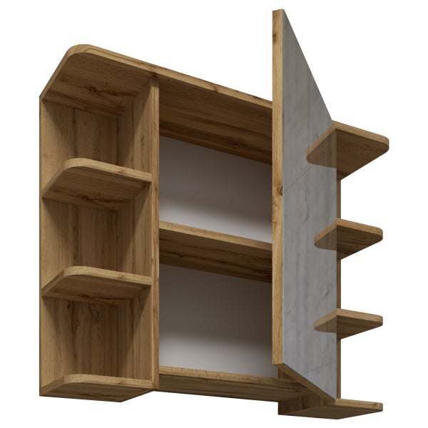 Holzfarbener Hängeschrank mit Regal und offener Tür