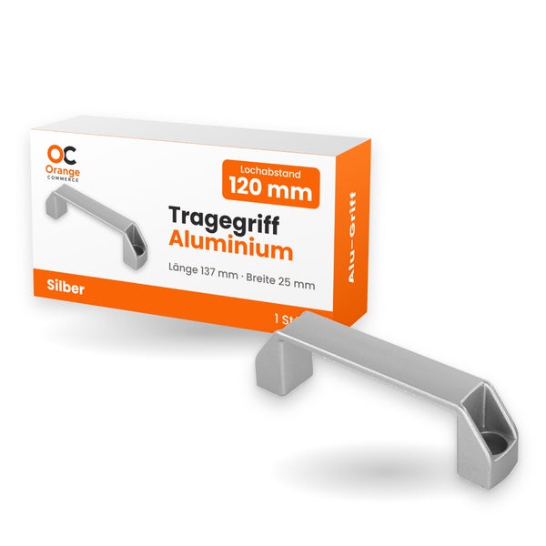 Aluminium Tragegriff in Silber mit 120 Millimeter Lochabstand und 137 Millimeter Länge in Produktverpackung von Orange Commerce Logo