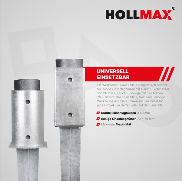 Hollmax Logo. Einschlaghilfe für Bodenhülsen, universell einsetzbar für runde und eckige Bodenhülsen mit 80 Millimeter oder 70 mal 70 Millimeter.