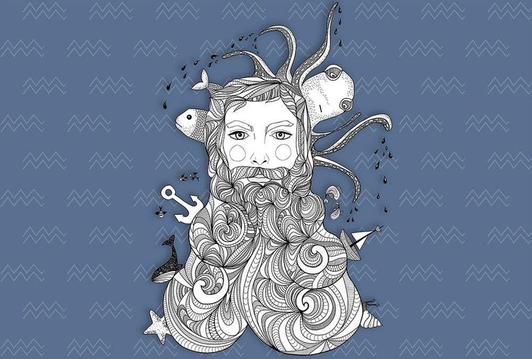 Detaillierte Illustration eines Mannes mit einem aus maritimen Motiven wie Anker, Schiff und Meerestieren bestehenden Bart.