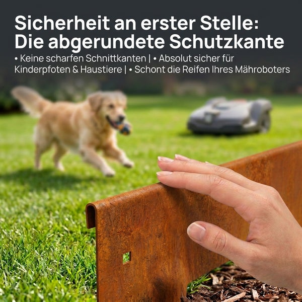 Rostoptik Rasenkante mit abgerundeter Schutzkante zum Schutz von Haustieren und Mähroboter Reifen im Garten.
