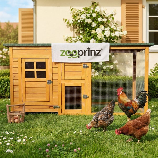 Hühnerstall aus Holz mit Freigehege und zooprinz Logo, auf einer Wiese mit Hühnern und einem Hahn.