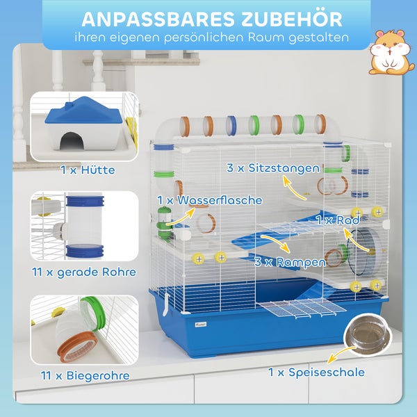 PawHut Hamsterkäfig für Zwerghamster 4 Etagen Nagerkäfig Kleintierkäfig mit Laufrad Futternapf und Zubehör, groß Mäusekäfig Käfig 78 x 45 x 73 cm Blau