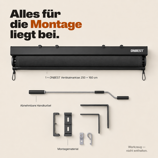 ONBEST Vertikalmarkise 250 mal 160 Zentimeter inklusive Handkurbel und Montagematerial. Werkzeug nicht enthalten. ONBEST Logo.