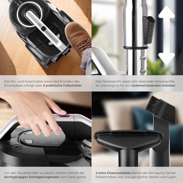 Staubsauger mit Fußschaltern, höhenverstellbarem Teleskoprohr, Entriegelungstaste für den Staubbehälter und zwei Düsenaufsätzen.
