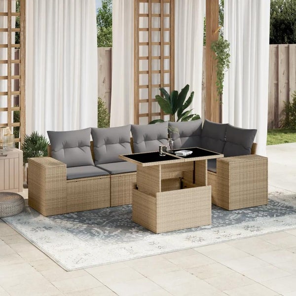 6-tlg. Garten-Sofagarnitur mit Kissen Beige Poly Rattan