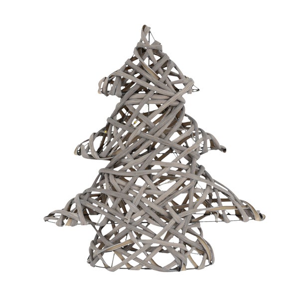ECD Germany LED Deko Baum Weihnachten mit 15 warmweißen LEDs, 30 cm hoch, Rattan-Metall, Grau, Weihnachtsbaum mit Beleuchtung & Timer, batteriebetrieben, Lichterbaum Tannenbaum stehend Weihnachtsdeko