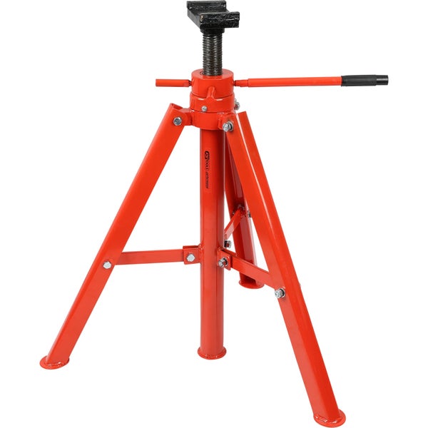 Schwarzer Unterstellbock aus Metall mit drei Beinen und höhenverstellbarer Gewindestange.