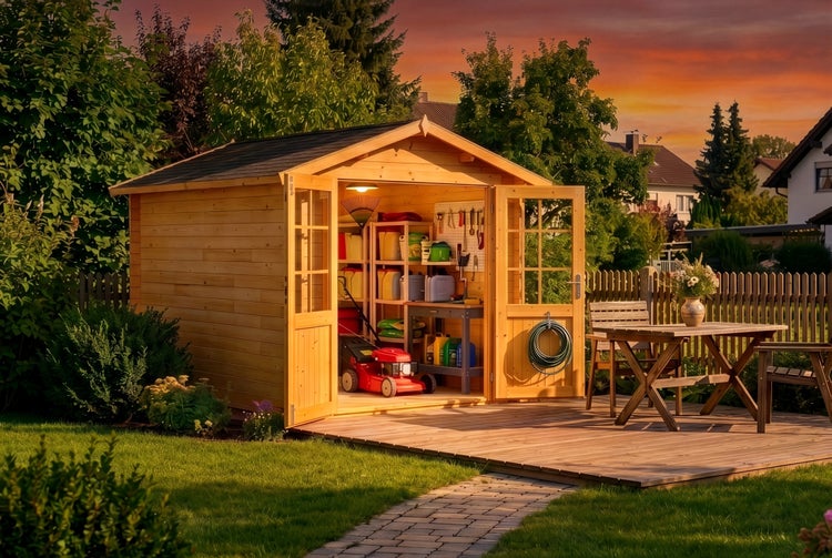 Gartenhaus aus Holz mit geöffneten Doppeltüren, Regalen, Rasenmäher und Gartenwerkzeugen neben einer Terrasse aus Holz mit Möbeln.