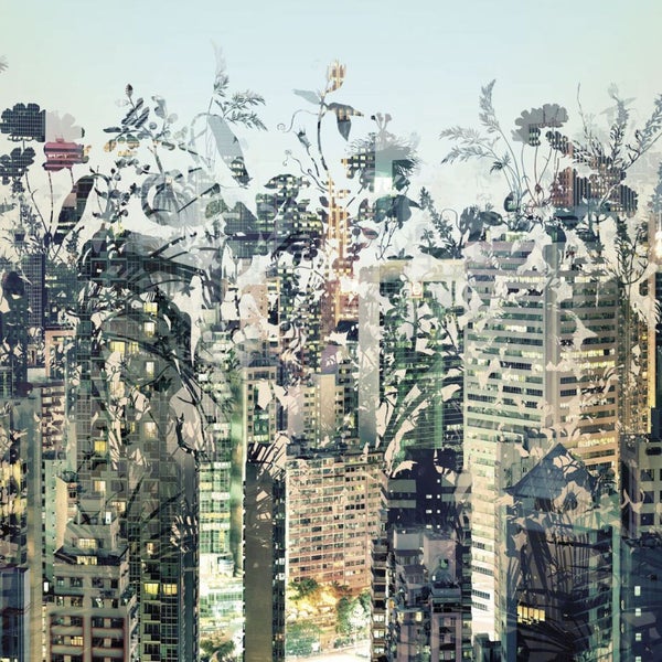 Illustration von Stadtgebäuden mit überlagerten floralen Elementen