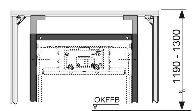 Technische Zeichnung eines Vorwandelements mit Höhenangabe von 1190 bis 1300 Millimeter ab Oberkante Fertigfußboden.