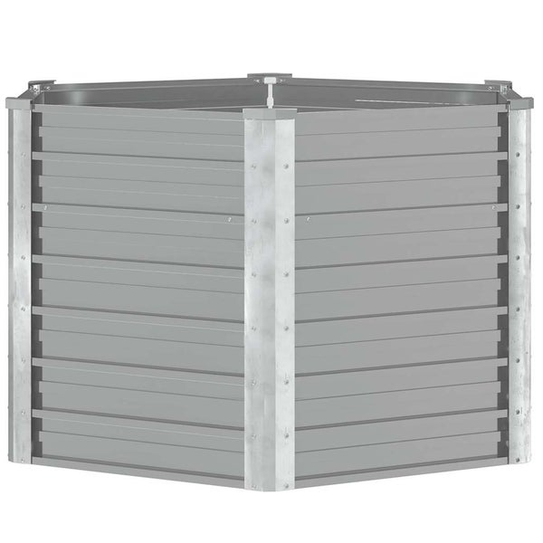Sechseckiges Hochbeet aus Metall mit horizontalen Paneelen und Eckpfosten.