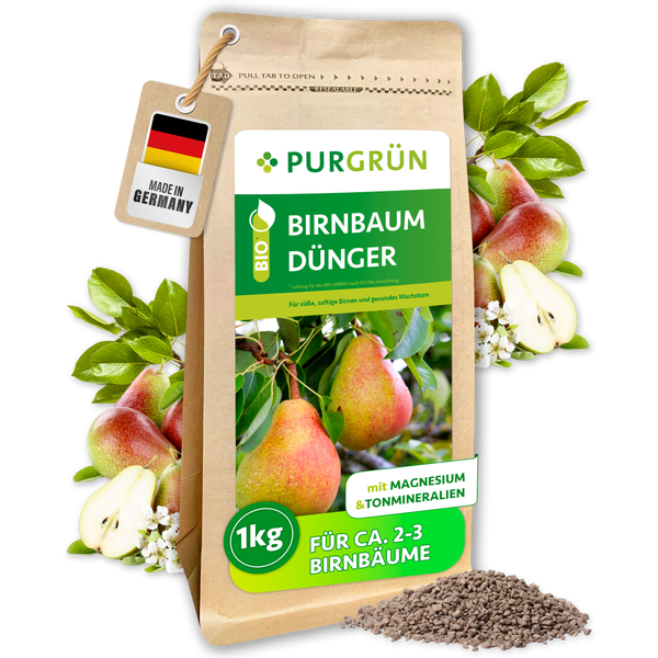 Purgrün Bio Birnbaum Dünger, 1 Kilogramm Granulat für circa 2 bis 3 Birnbäume, mit Magnesium und Tonmineralien, Hergestellt in Deutschland.