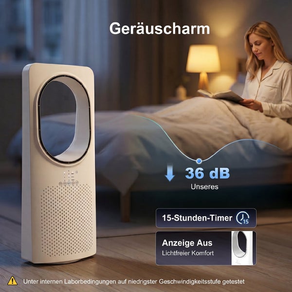 Turmventilator im Schlafzimmer neben Bett mit lesender Person. Zeigt geräuscharmen Betrieb mit 36 Dezibel, 15-Stunden-Timer und abschaltbare Anzeige.