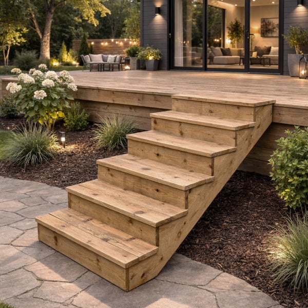 Holzterrasse mit Holzstufen im Garten