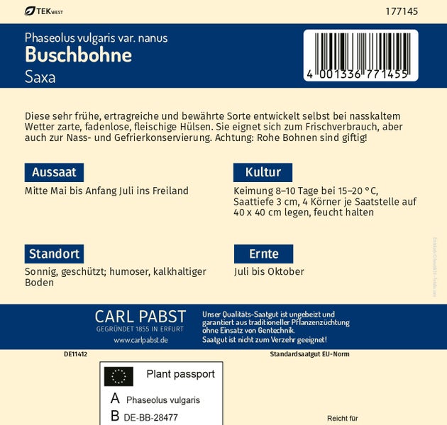 Rückseite der Samenpackung Buschbohne Saxa mit Carl Pabst Logo, Anbauhinweisen zu Aussaat, Standort und Ernte sowie einem Pflanzenpass.