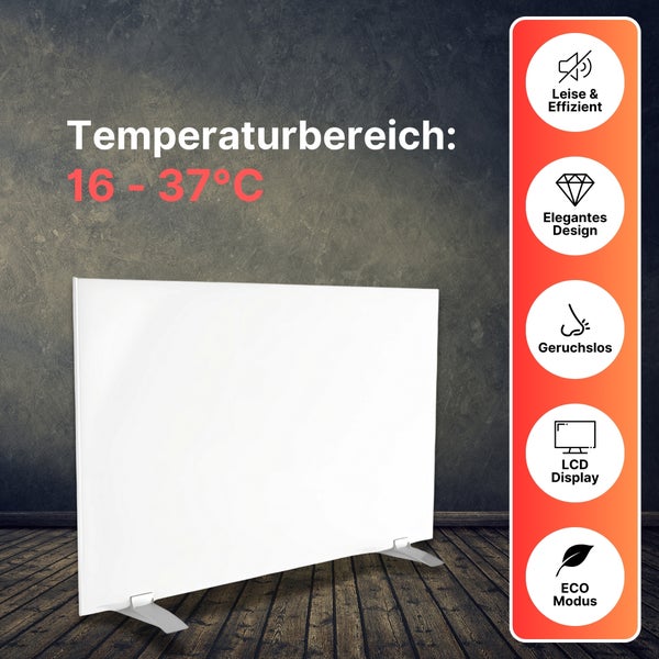 Sollero 450W Infrarotheizung Smart — Dual-Heizung, Stand- oder Wandmontage — WLAN-App, Fernbedienung, Timer — Inkl. Standfüße — Weiß, energiesparend