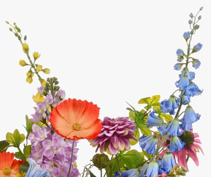 Künstlicher Blumenstrauß mit gelben Glockenblumen, violetten Levkojen und grünem Blattwerk.