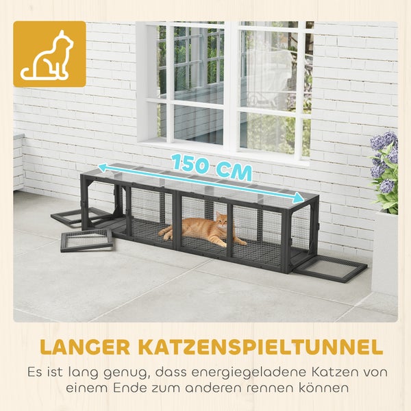 PawHut Katzengehege aus Holz mit Drahtgitter, bestehend aus einem hohen Turm mit Kratzbaum und einem langen horizontalen Auslauf.