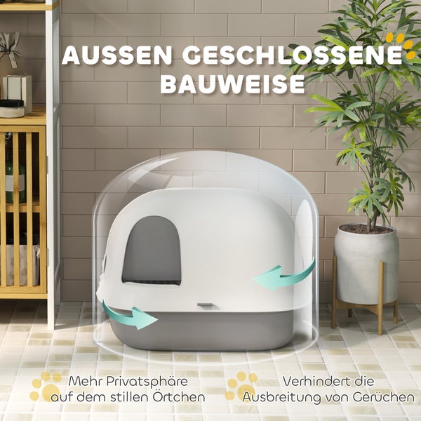 PawHut Katzentoilette mit Deckel, Katzenklo mit Sieb, Tür, Schaufel, geschlossen Katze Toilettenhaus für kleine Katze unter 3,5 kg, Indoor, Kunststoff, Hellgrau