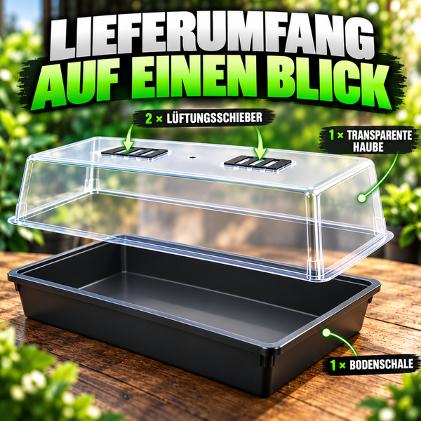 Lieferumfang eines Zimmergewächshauses bestehend aus einer Bodenschale, einer transparenten Haube und zwei Lüftungsschiebern.